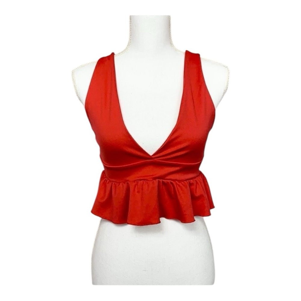 Vestidos Red V Neck Tank Deep V Ruffle Bottom Crop Top Size Small